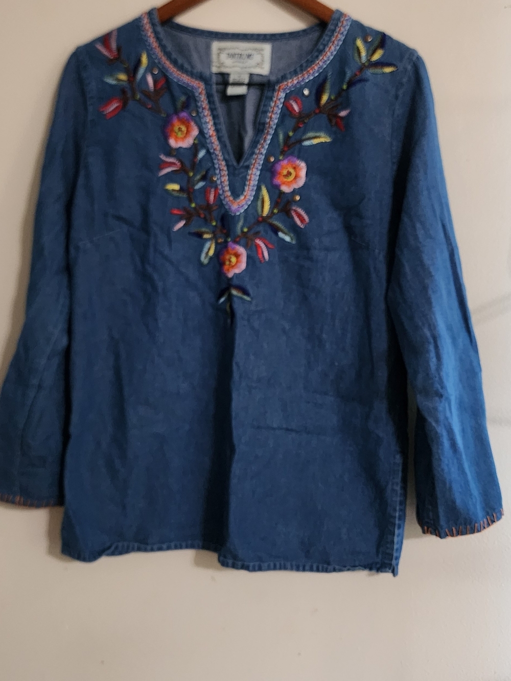 Tantrums Vintage Embroidered Denim Blue Tunic Top Sz M Bohemian Boho